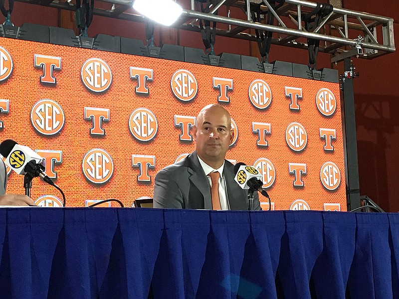 Tennessee head coach Jeremy Pruitt participates in a news conference during SEC Media Days in Atlanta on Wednesday, July 18, 2018.
