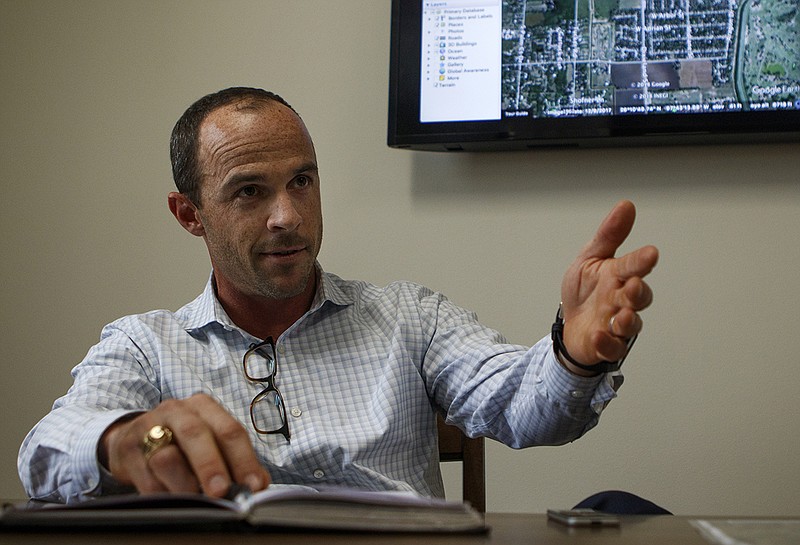 Founding partner Matt Phillips speaks with the Times Free Press at the Rise Partners office in the Volunteer Building downtown on Thursday, July 12, 2018 in Chattanooga, Tenn.