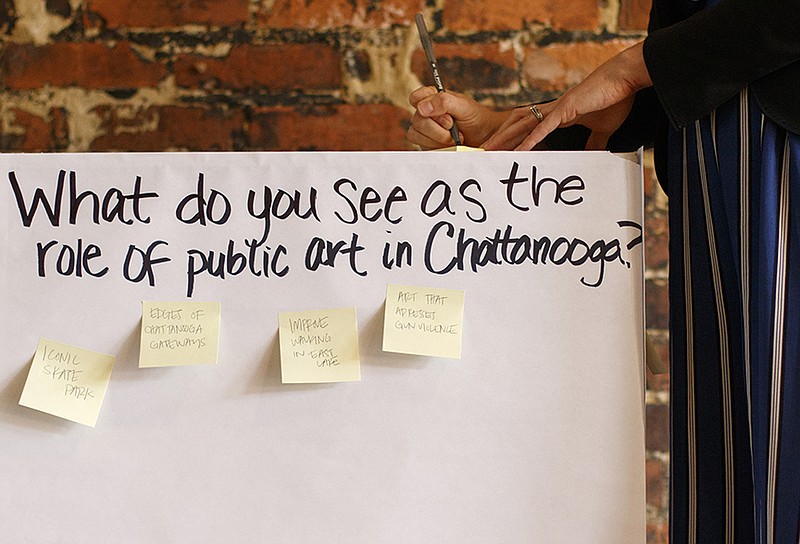 Staff photo by C.B. Schmelter / 
Public Art Chattanooga Director Katelyn Kirnie writes down suggestions from community members on sticky notes during the launch of PAC's CHA Creates: A Public Art Vision at SPOT on Thursday, July 19, 2018 in Chattanooga, Tenn.