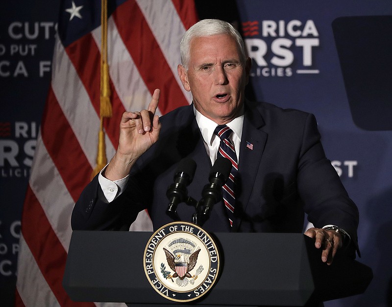 In this July 13, 2018, file photo, Vice President Mike Pence addresses the crowd at the America First Policies event in Rosemont, Ill. Pence is set to attend a rally in Macon, Ga., Saturday, July 21, to support Secretary of State Brian Kemp's bid for governor. (AP Photo/Charles Rex Arbogast, File)