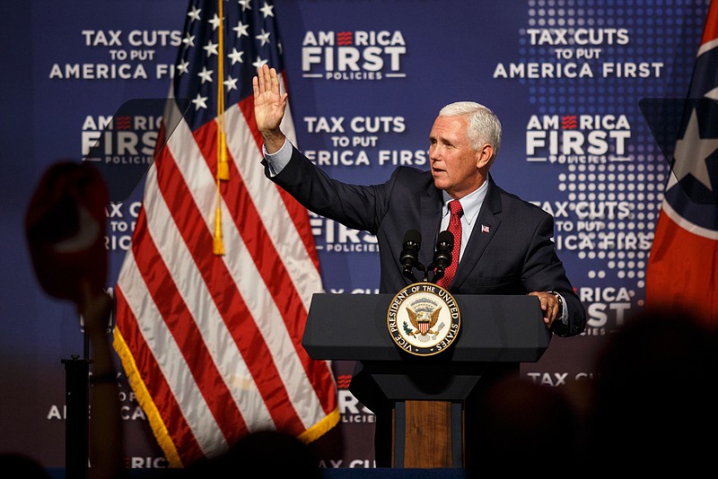 Vice President Mike Pence speaks at a tax policy event hosted by America First Policies at Lee University's Pangle Hall on Saturday, July 21, 2018, in Cleveland, Tenn. Vice President Pence was the keynote speaker at the event, which featured a panel of guests discussing the effects of President Donald Trump's tax bill.
