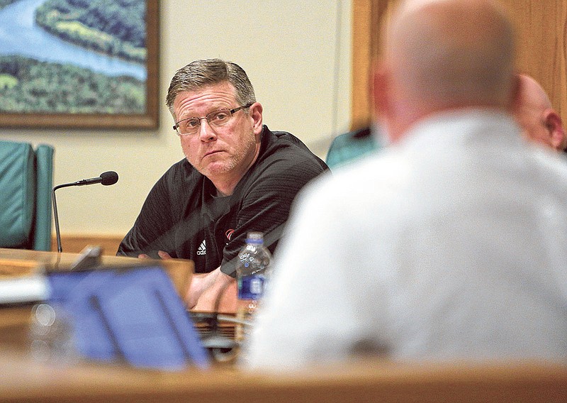 Signal Mountain Mayor Chris Howley listens to Councilman Dan Landrum at Signal Mountain Town Hall on June 6, 2018.