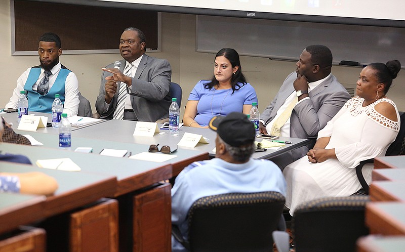 Staff photo by Erin O. Smith / 
Candidates for the Tennessee House of Representatives District 28, Brandon Woodruff, Yusuf Hakeem, Melody Shekari, Dennis Clark and Jacqueline Thomas, participate in a debate hosted by the NAACP Monday, July 23, 2018 at the University of Tennessee at Chattanooga Student Center in Chattanooga, Tennessee. 