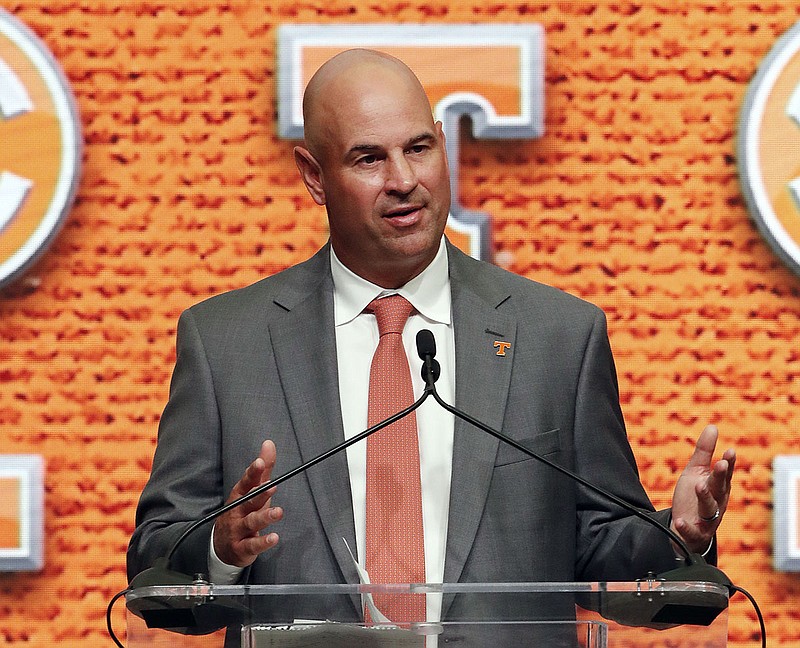 Tennessee NCAA college football head coach Jeremy Pruitt speaks during Southeastern Conference Media Days Wednesday, July 18, 2018, in Atlanta. (AP Photo/John Bazemore)