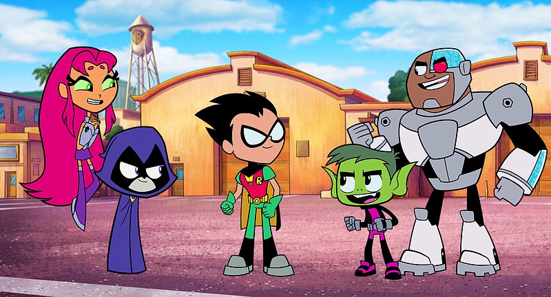This image released by Warner Bros. Pictures shows characters, from left, Starfire, voiced by Hynden Walch, Raven, voiced by Tara Strong, Robin, voiced by Scott Menville, Beast Boy, voiced by Greg Cipes, and Cyborg, voiced by Khary Payton, in a scene from "Teen Titans Go! to the Movies. (Warner Bros. Pictures via AP)
