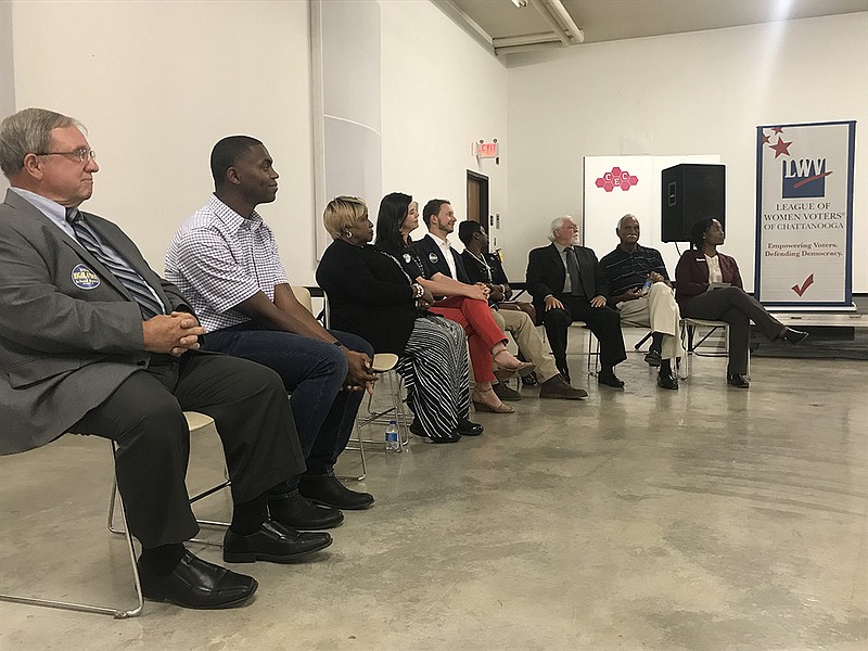 Candidates for the Hamilton County Board of Education address the crowd at a meet-and-greet forum hosted by the League of Women Voters of Chattanooga and the Hamilton County Council of PTAs at the Public Library downtown on July 23. Meghan Mangrum/Times Free Press