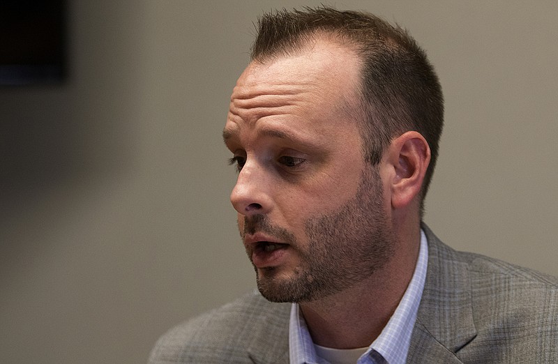 Chattanooga 2.0 Executive Director Jared Bigham speaks during a meeting with the Times Free Press editorial board in the newsroom on Friday, May 11, 2018 in Chattanooga, Tenn.