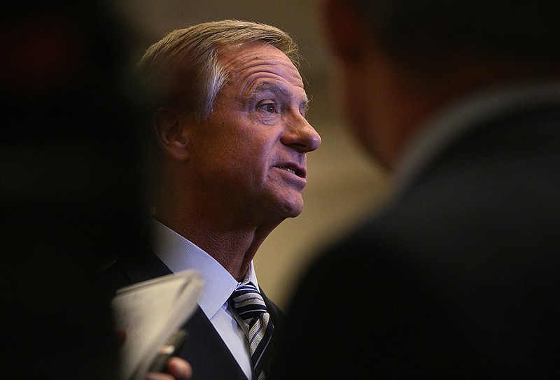 Staff photo by Erin O. Smith / 
Gov. Bill Haslam speaks to press following the Chattanooga Rotary Club meeting Thursday, Aug. 24, 2017, at the Chattanooga Convention Center in Chattanooga, Tenn. 