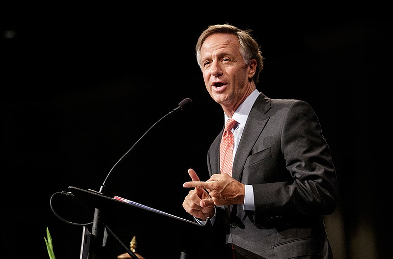 Gov. Bill Haslam gives the commencement address during Chattanooga State Technical Community College's Tennessee College of Applied Technology commencement ceremony at Abba's House on Friday, July 27, 2018, in Chattanooga, Tenn. Many of TCAT's graduates are part of Gov. Haslam's Drive to 55 initiative, which aims to increase the number of Tennesseeans with post-secondary educations to 55 percent by 2025.