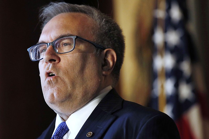 In this July 11, 2018, file photo, Environmental Protection Agency (EPA) Acting Administrator Andrew Wheeler speaks to EPA staff at EPA Headquarters in Washington. Wheeler says there should be a single national standard for fuel efficiency for cars and trucks, speaking out as a showdown looms with California that could throw the car market into turmoil. (AP Photo/Jacquelyn Martin, File)