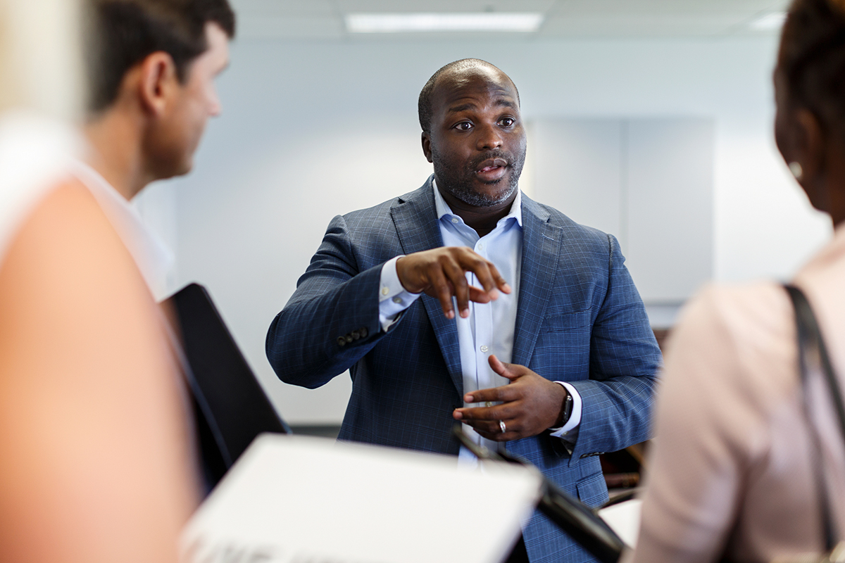 Hamilton County Schools Superintendent Bryan Johnson meets with representatives from United Way at the central office building on Thursday, July 12, 2018, in Chattanooga, Tenn. Johnson is wrapping up his first year as superintendent.
