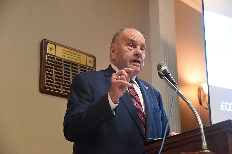 Cleveland Mayor Tom Rowland speaks to the Cleveland Kiwanis Club during his final State of the City address in January at the Cleveland Elks Club.