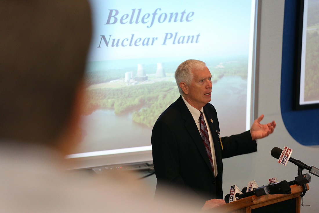 Alabama Congressman Mo Brooks speaks during a briefing at the Bellefonte Nuclear Power Plant Monday, July 30, 2018 in Hollywood, Alabama. In November 2016, Nuclear Development successfully bid at auction to buy Bellefonte from the Tennessee Valley Authority.