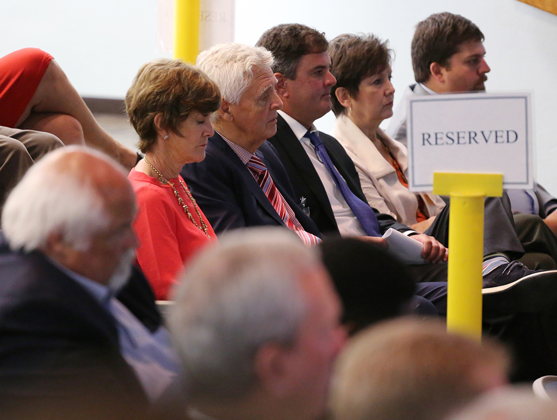 Second from left, Franklin L. Haney, owner of Nuclear Development LLC, listens to speakers during a briefing at the Bellefonte Nuclear Power Plant Monday, July 30, 2018 in Hollywood, Alabama. In November 2016, Nuclear Development successfully bid at auction to buy Bellefonte from the Tennessee Valley Authority.