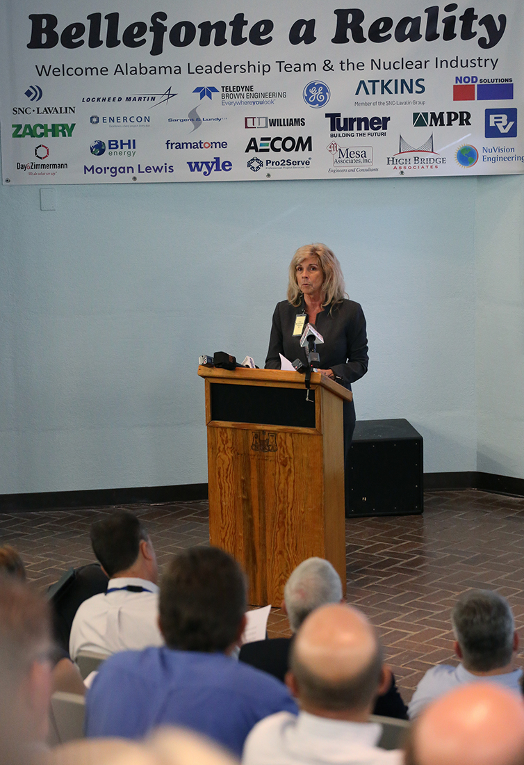 Shelia Shepard, president of the Jackson County Economic Development Authority, opens up a briefing at the Bellefonte Nuclear Power Plant Monday, July 30, 2018 in Hollywood, Alabama. In the mid 1970s, TVA began construction of the two Bellefonte nuclear units, but the project was suspended in 1988, restarted in 2011 and then discontinued in 2014.