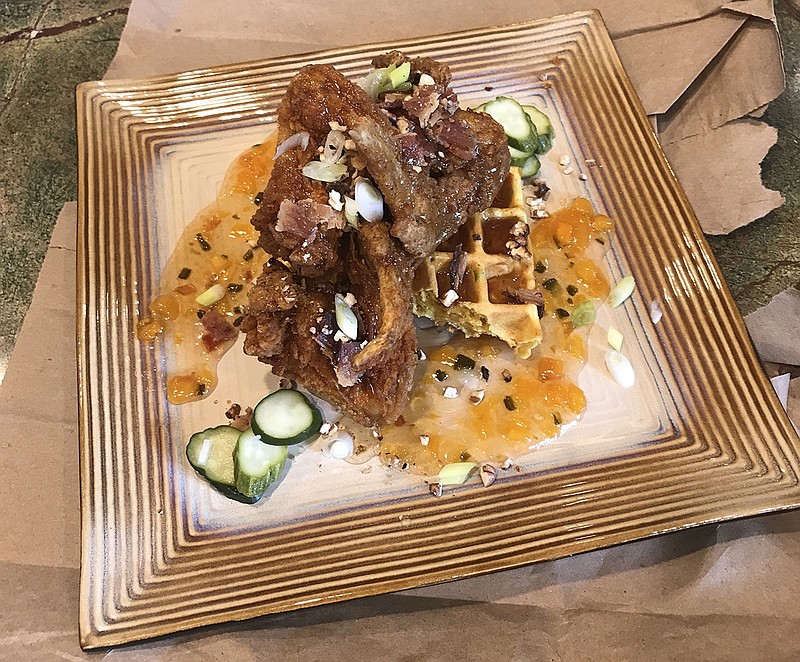 Our version of chicken and waffles featured spicy chicken wings from Flaming Rooster, pecans and jalapenos from neighbors, peach and jalapeno jam from a friend and Burton's Tennessee Whiskey barrel-aged maple syrup.