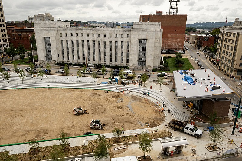 A large central area has been cleared so that sod can be added as construction progresses on Miller Park on Tuesday, July 24, 2018, in Chattanooga, Tenn. Renovations to the park began last July, and workers have begun adding new greenery as the project approaches its conclusion.
