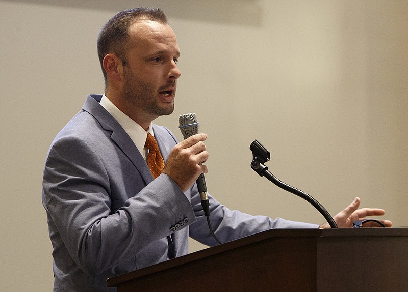 Executive Director Jared Bigham speaks before a series of panel discussions during a celebration for Chattanooga 2.0's second year in the Tennessee Room at the University Center on the campus of the University of Tennessee at Chattanooga on Tuesday, July 31, 2018, in Chattanooga, Tenn.