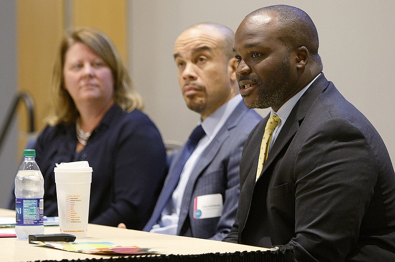 Superintendent Bryan Johnson speaks on a K-12 panel during a celebration for Chattanooga 2.0's second year in the Tennessee Room at the University Center on the campus of the University of Tennessee at Chattanooga on Tuesday, July 31, 2018, in Chattanooga, Tenn.