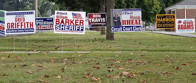 Candidate signs are seen at the Sequatchie County Courthouse on Tuesday, July 31, 2018 in Dunlap, Tenn. In August General Election across Southeast Tennessee, Coffee County is unique in having, by far, the most contested seats -— including 14 county commission districts and all its constitutional offices - while Sequatchie County has some of the hottest races, including a four-way battle for sheriff and all but two of its constitutional offices.