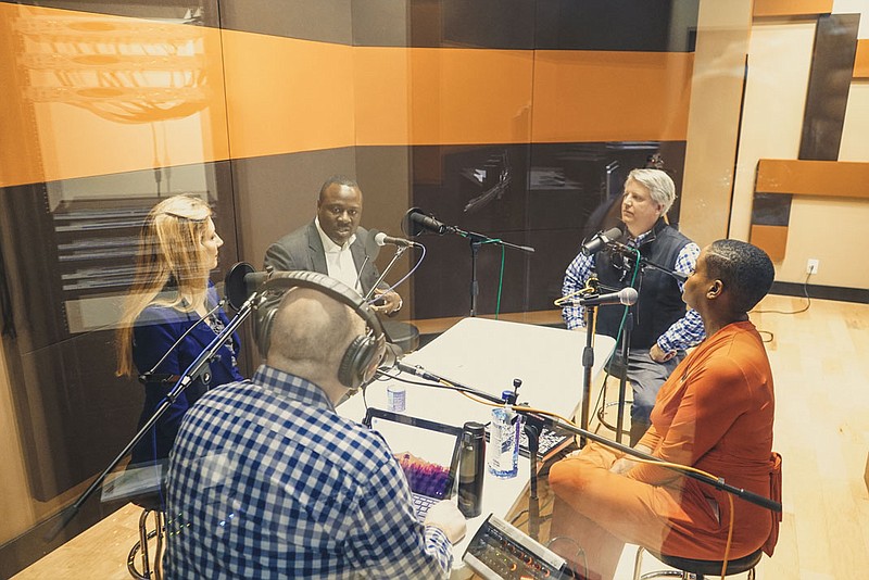 Jeremy Henderson and Christy Gillenwater, both with the Chattanooga Chamber, interview Marcus Shaw, Co. Lab.; Hal Bowling, Launch Chattanooga; and Alexis Willis, Chamber Director of Small Business and Entrepreneurship.