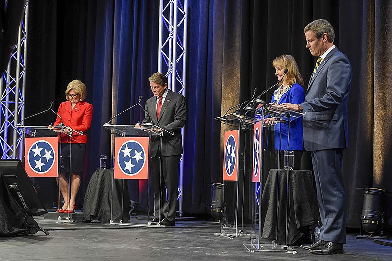 FILE - In this June 20, 2018, file photo, Republican GOP gubernatorial candidates, from left, Diane Black, Randy Boyd, Beth Harwell and Bill Lee take part in a debate in Hendersonville, Tenn.