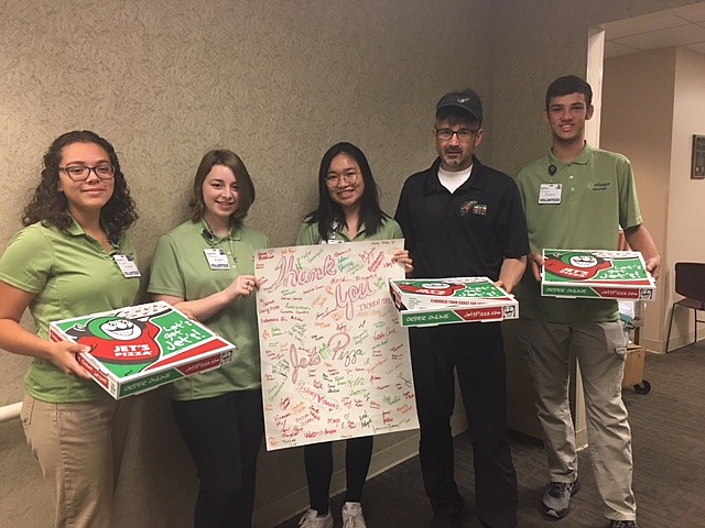 From left ARE, Marcella Santiago, Stephanie Creighton, Havan Nguyen, Paul Neumaier and Matthew Pride. Paul Neumaier, owner of Jet's Pizza, made a generous donation for an Erlanger Teen wrap-up event.