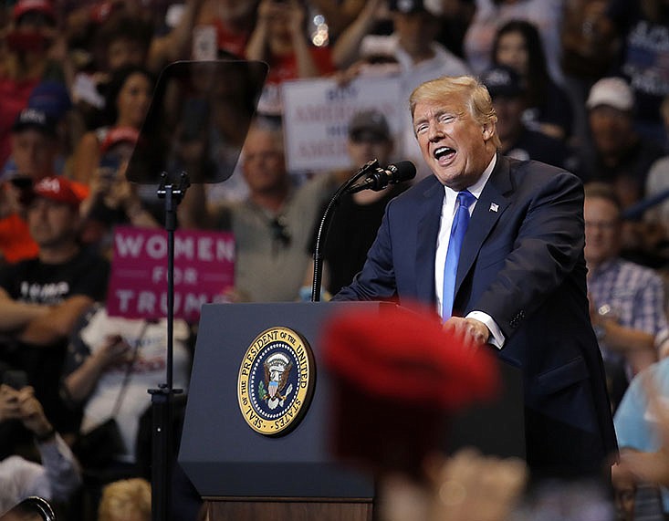 President Donald Trump speaks at a rally, Thursday, Aug. 2, 2018, at Mohegan Sun Arena at Casey Plaza in Wilkes Barre, Pa. (AP Photo/Carolyn Kaster)


