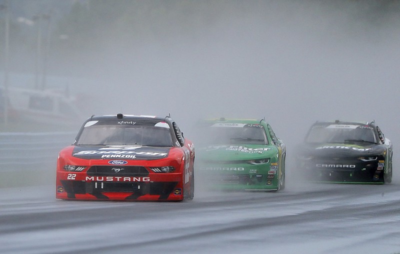 Joey Logano leads during Saturday's NASCAR Xfinity Series race at Watkins Glen International in Watkins Glen, N.Y.