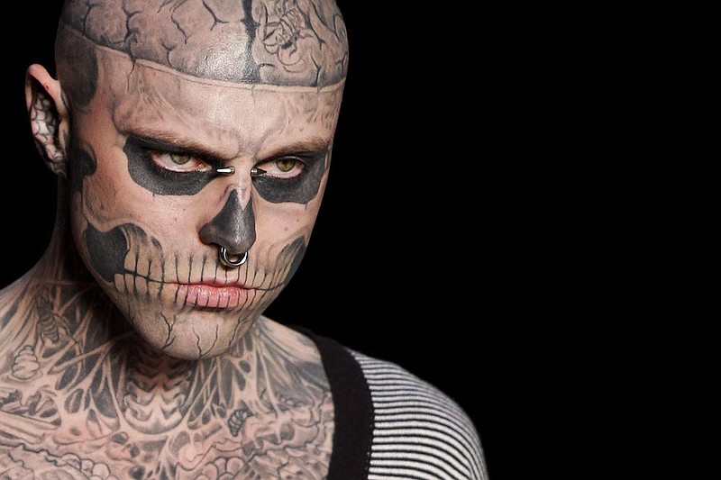 FILE - In this Saturday, June 4, 2011 file photo, Canadian model Rick Genest, aka Zombie Boy, appears on the runway during a fashion show in Rio de Janeiro, Brazil. 