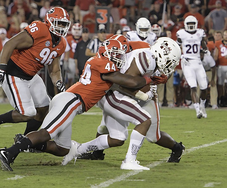 Georgia inside linebacker Juwan Taylor (44) during the Bulldogs' game against Mississippi State at Sanford Stadium in Athens, Ga., on Saturday, Sept. 2, 2017. (Photo by John Kelley) 