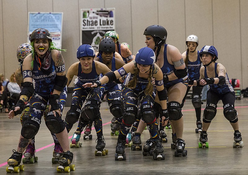 In this March 18, 2017, staff file photo, the Chattanooga Roller Girls B-Railers take the court for their match against the Hard Knox Roller Girls at the Chattanooga Roller Derby's opening night at the Chattanooga Convention Center in Chattanooga, Tenn.