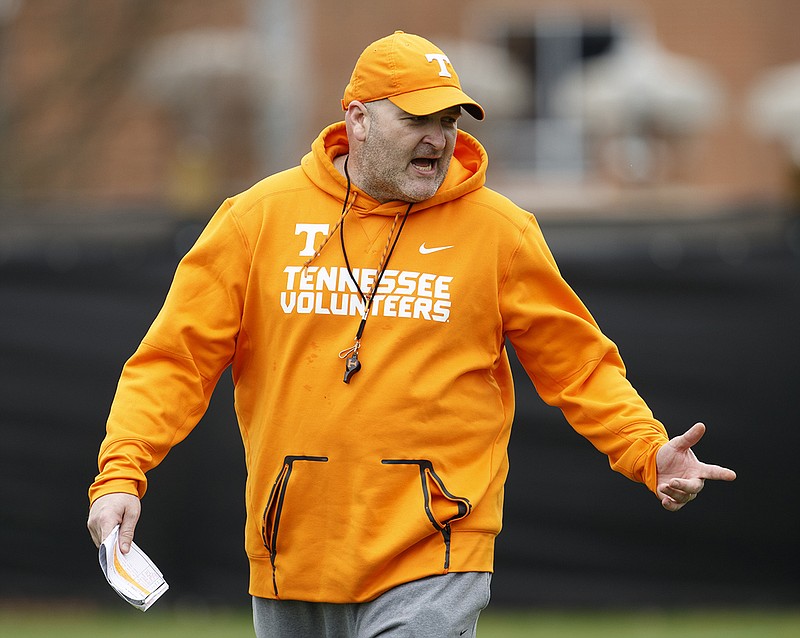 In this March 2018 file photo, offensive Line coach Will Friend is shown during spring practice on Haslam Field in Knoxville, Tenn. (Photo: Kyle Zedaker/Tennessee Athletics)