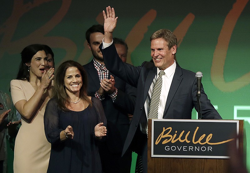 Bill Lee thanks supporters at a victory party after he won the Republican nomination for Tennessee governor Thursday, Aug. 2, 2018, in Franklin, Tenn. Lee's wife, Maria, is at front left. (AP Photo/Mark Humphrey)