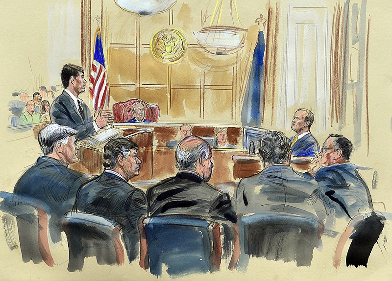 This courtroom sketch depicts Rick Gates, right, answering questions by prosecutor Greg Andres as he testifies in the trial of Paul Manafort, seated second from left, at the Alexandria Federal Courthouse in Alexandria, Va., Monday, Aug. 6, 2018. U.S. district Judge T.S. Ellis III presides as Manafort attorney's including Kevin Downing, left, Thomas Zehnle, third from left, listen. (Dana Verkouteren via AP)