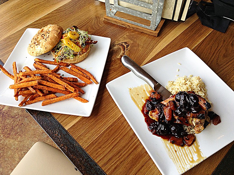 The FAB sandwich, left, and Polynesian Chicken at Scottie's On the River. / Staff photo by Chris Zelk
