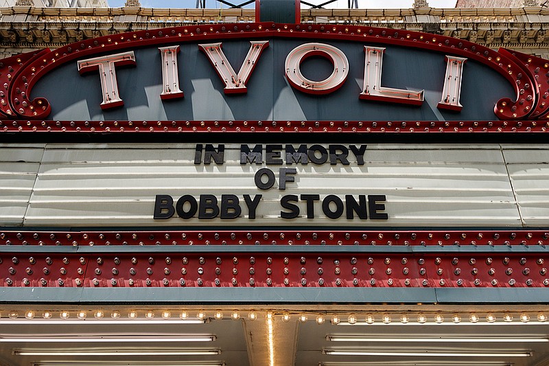The marquee of the Tivoli Theater reads "In Memory of Bobby Stone" on Friday, Aug. 10, 2018, in Chattanooga, Tenn.
