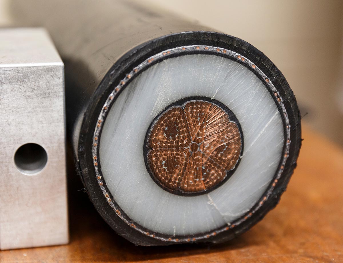 A cross-section of heavy-duty power cable is displayed in the control room of TVA's Raccoon Mountain Pumped-Storage Plant on Friday, Aug. 10, 2018, in Chattanooga, Tenn. The hydroelectric facility halted tours for the public after the September 11 terrorist attacks in 2001, but they began offering tours again this year.