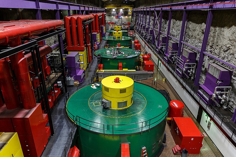 Generators are seen on the powerhouse floor inside TVA's Raccoon Mountain Pumped-Storage Plant on Friday in Chattanooga. TVA halted tours for the public after the Sept., 11 terrorist attacks in 2001, but began offering tours again this year. (Staff photo by Doug Strickland)