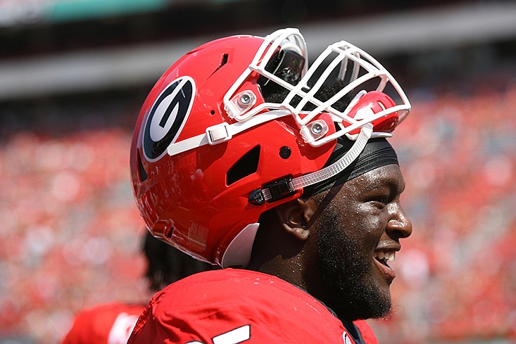 Georgia offensive tackle Kendall Baker (65) during the Bulldogs' game against Nicholls at Sanford Stadium in Athens, Ga., on Saturday, Sept. 10, 2016. / Andy Harrison/Georgia photo