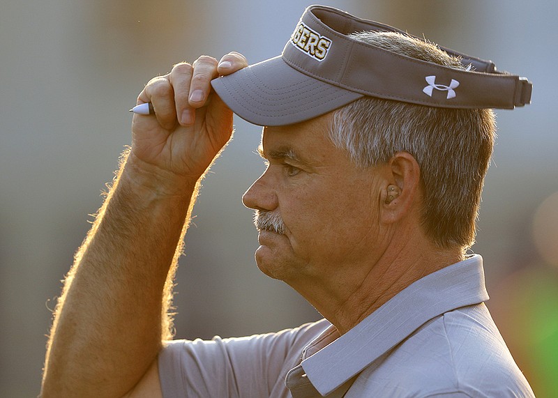 Staff photo by C.B. Schmelter / 
Chattanooga Christian head coach Cal Sneller reacts from the sideline during their match against Baylor at David Stanton Field on the campus of CCS on Tuesday, Aug. 14, 2018 in Chattanooga, Tenn.