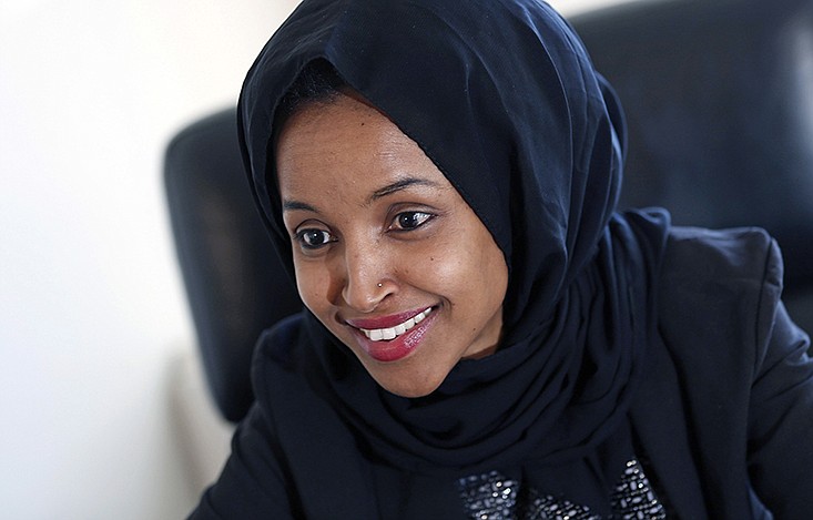 FILE - In this Jan. 5, 2017, file photo, state Rep. Ilhan Omar is interviewed in her office two days after the 2017 Legislature convened in St. Paul, Minn.