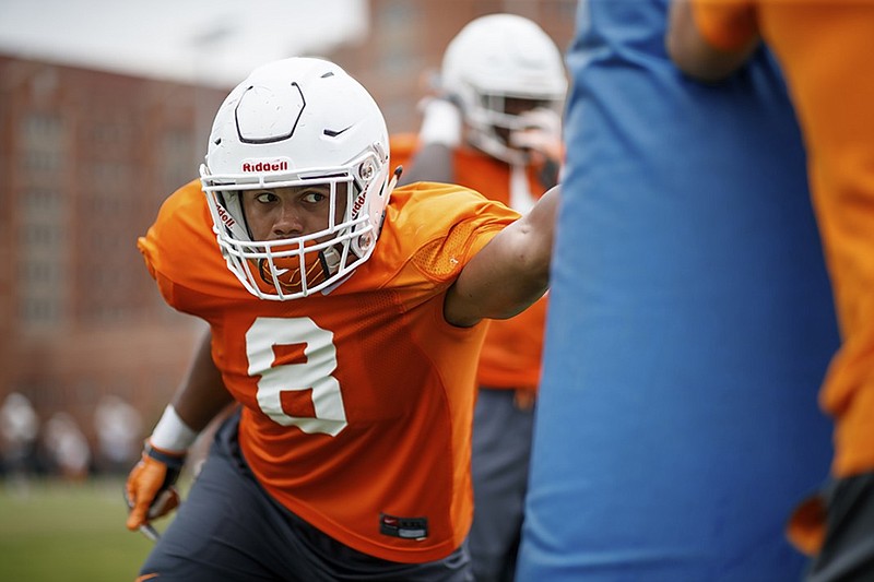 Tennessee linebacker Jordan Allen practices Wednesday on Haslam Field in Knoxville. The Vols have a little more than two weeks left in the preseason before taking on West Virginia in Charlotte, N.C.