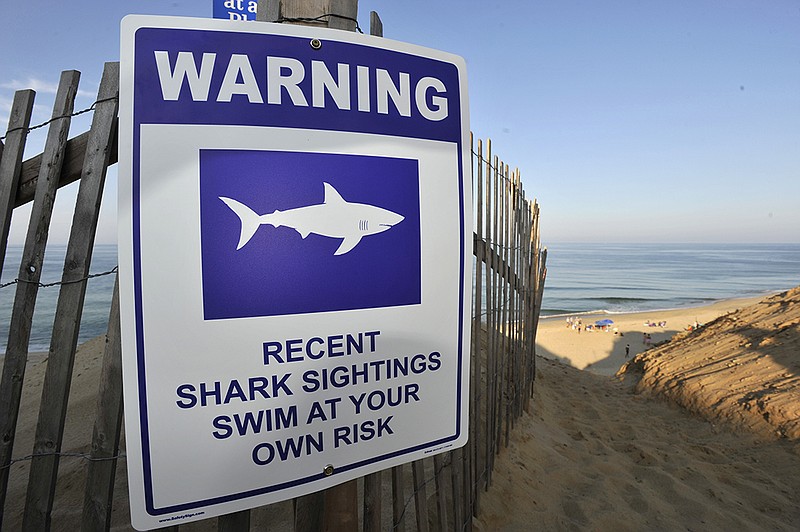 A sign warns visitors to Long Nook Beach of recent shark sightings, Wednesday, Aug. 15, 2018 in Truro, Mass.
