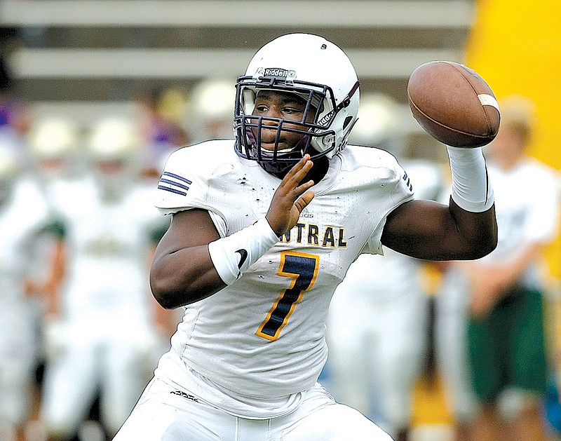 Central's Jaheim Jones looks to pass during a scrimmage against Notre Dame at Central High School's Central Memorial Stadium on Tuesday, Aug. 1, in Harrison, Tenn.