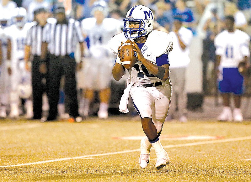 McCallie's Deangelo Hardy (10) looks to pass against Baylor at Baylor School's Heywood Stadium on Friday, Oct. 13, in Chattanooga, Tenn.