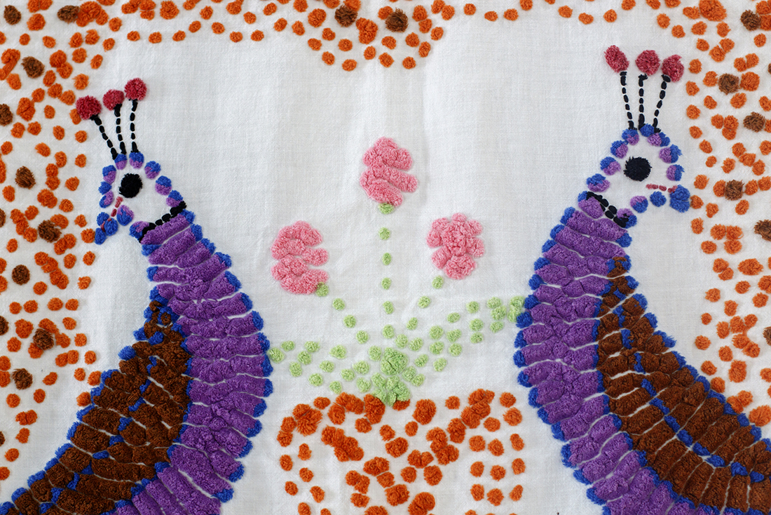 Staff photo by C.B. Schmelter /
A peacock pattern is seen on display in the Bandy Heritage Center for Northwest Georgia's Sandra Mahs exhibit at the Dalton Freight Depot on Wednesday, Aug. 15, 2018 in Dalton, Ga. The display represents one woman's search to find as many hand-tufted (and some machine-tufted) chenille bedspreads as she could find. Tufting was a cottage industry in the early 1900s that eventually led to Dalton's dominance in carpets and textiles. Sandra Mahs lives in Illinois, but some of her people were involved in the early days of tufting. Over about 20 years, she made it her mission to find as many spreads as she could to show the ingenuity and craftsmanship of Northwest Georgia residents. She recently donated most of her collection to the Bandy Center.