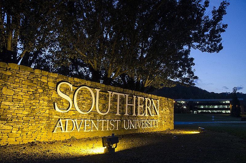 The main sign welcomes guests to campus at Southern Adventist University, located in Collegedale, Tenn.