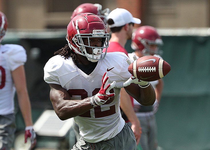 
Alabama sophomore running back Najee Harris, pictured earlier this month, is currently sidelined due to a foot injury. / Kent Gidley/Alabama photo
