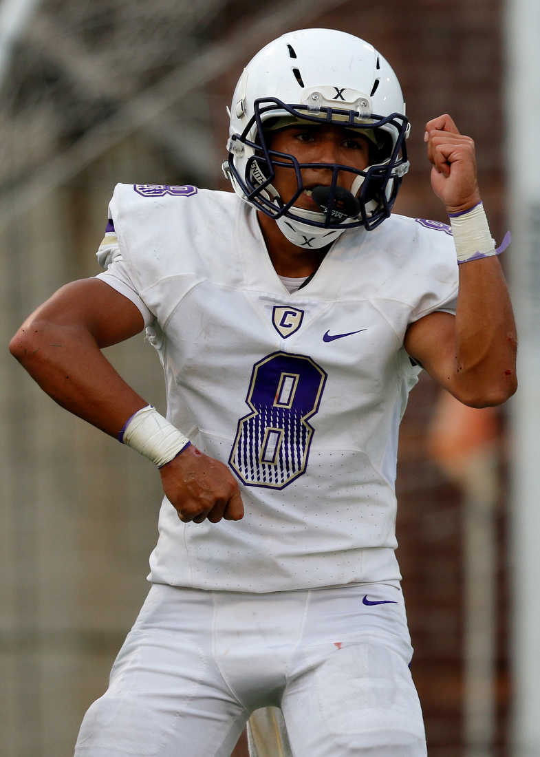 Staff photo by C.B. Schmelter /
Central's Jay Jones (8) celebrates after his touchdown against Walker Valley during the first game of the Chattanooga Kickoff Classic at Finley Stadium on Thursday, Aug. 16, 2018 in Chattanooga, Tenn.